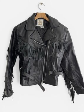 Vintage Fringed Black Leather Motorcycle Jacket biker